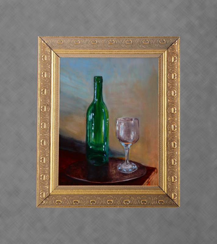 Still Life - Wine Bottle and Glass - 11 in x 14 in Oil on Canvas - 2012 - Private Collection of Sue McKinley